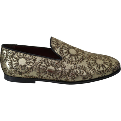 Dolce & Gabbana Gold Jacquard Flats Mens Loafers Shoes Dolce & Gabbana