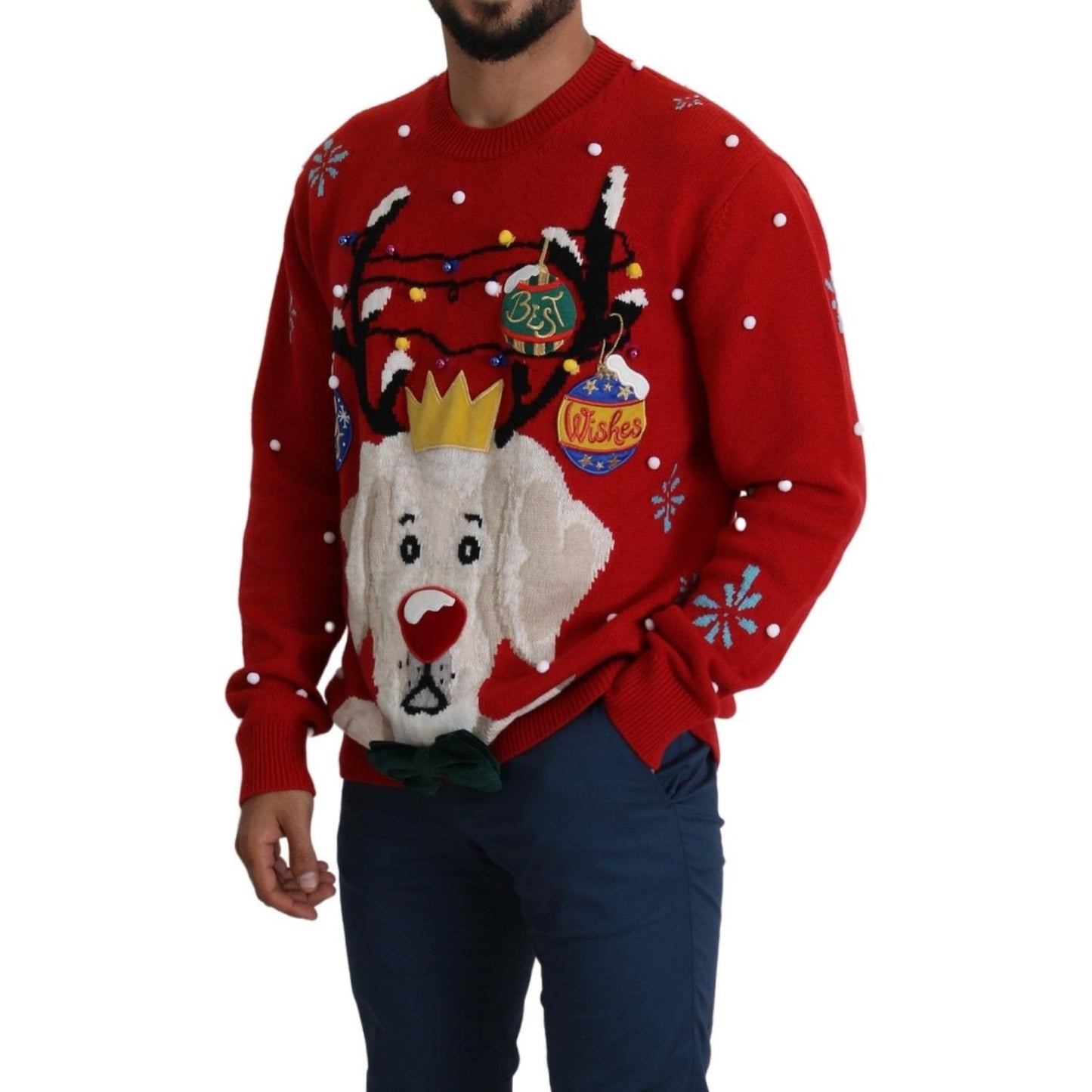 Dolce & Gabbana Red Christmas Dog Pullover Cashmere Sweater
