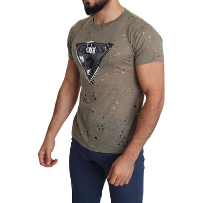 Guess Brown Cotton Stretch Logo Print Men Casual Perforated T-shirt Guess