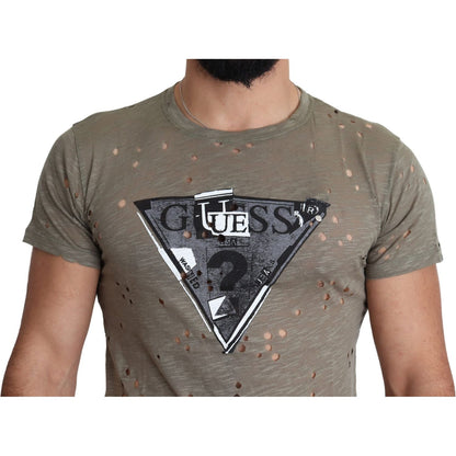 Guess Brown Cotton Stretch Logo Print Men Casual Perforated T-shirt Guess
