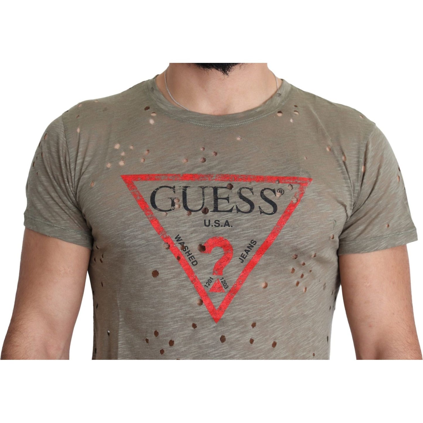 Guess Brown Cotton Stretch Logo Print Men Casual Perforated T-shirt Guess