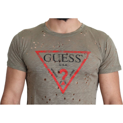 Guess Brown Cotton Stretch Logo Print Men Casual Perforated T-shirt Guess