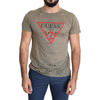 Guess Brown Cotton Stretch Logo Print Men Casual Perforated T-shirt Guess