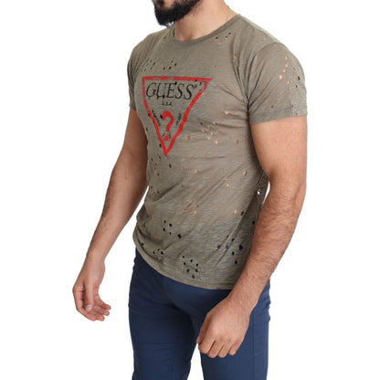 Guess Brown Cotton Stretch Logo Print Men Casual Perforated T-shirt Guess