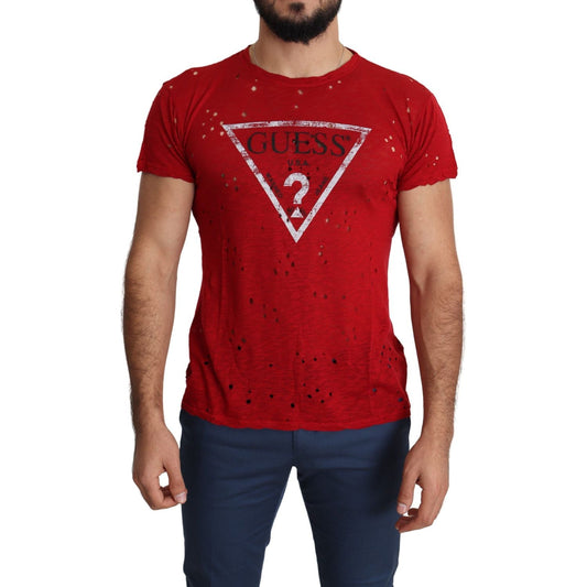 Guess Red Cotton Logo Print Men Casual Top Perforated T-shirt Guess