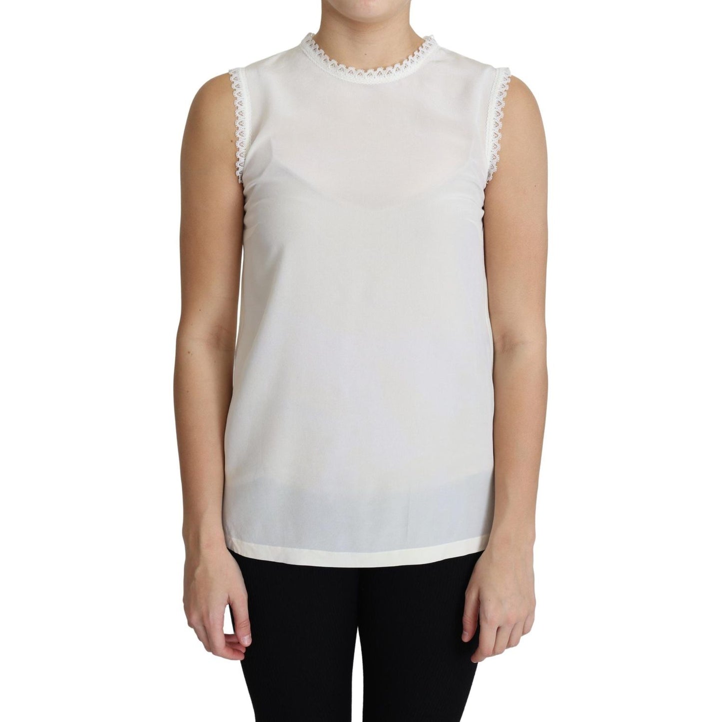 Dolce & Gabbana White Blouse Silk Lace Trimmed Sleeveless Top