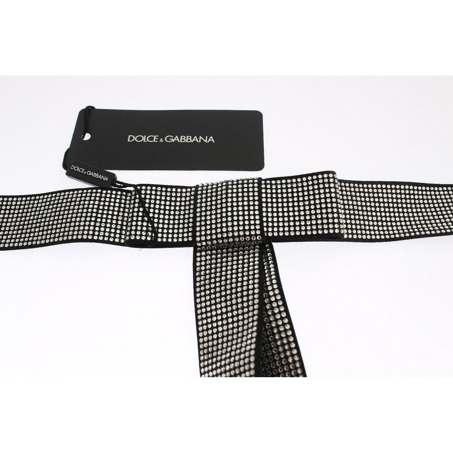 Dolce & Gabbana Black Silk Clear Crystal Bow Waist Belt