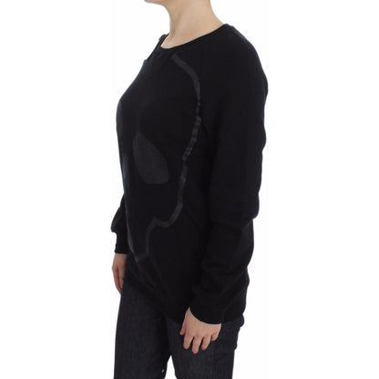 Exte Black Cotton Motive Print Crewneck Pullover Sweater Exte
