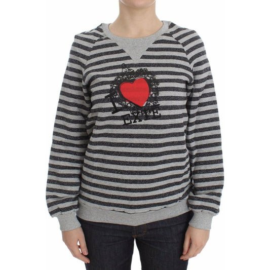 Exte Gray Striped Cotton Crewneck Sweater Exte