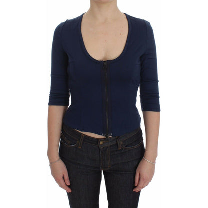 Exte Blue Cotton Top Zipper Deep Crew-neck Sweater Exte