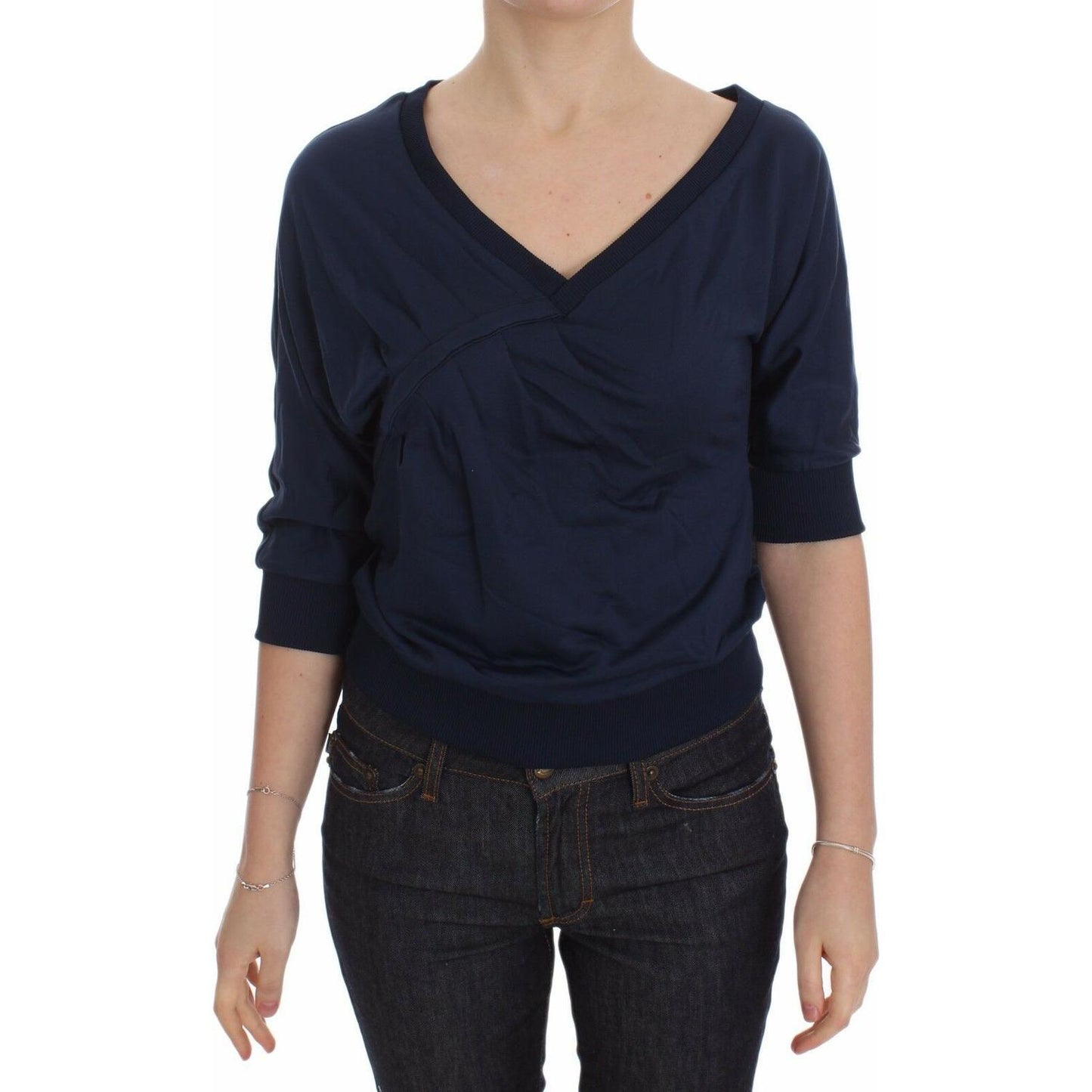 Exte Blue Cotton Top Pullover Deep V-neck Women Sweater Exte