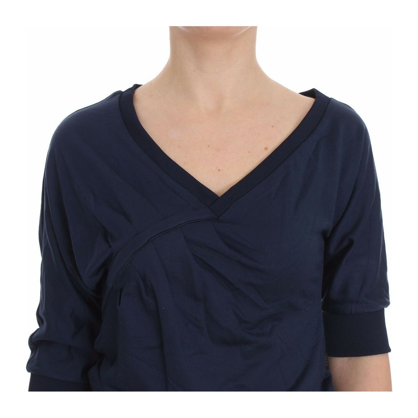 Exte Blue Cotton Top Pullover Deep V-neck Women Sweater Exte