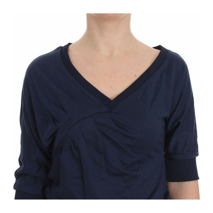 Exte Blue Cotton Top Pullover Deep V-neck Women Sweater Exte