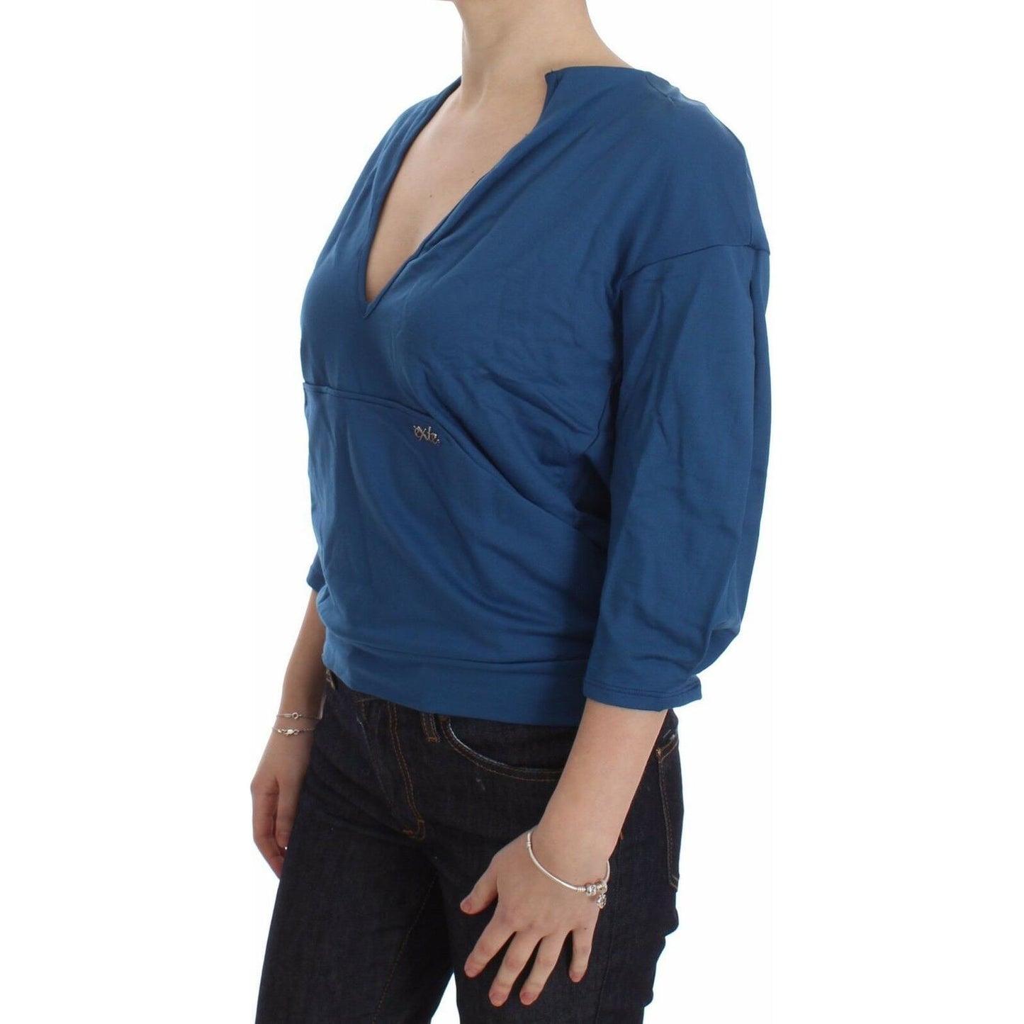 Exte Blue Cotton Top Pullover Deep V-neck Women Sweater Exte