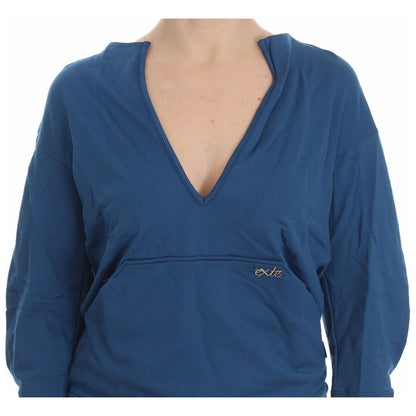 Exte Blue Cotton Top Pullover Deep V-neck Women Sweater Exte