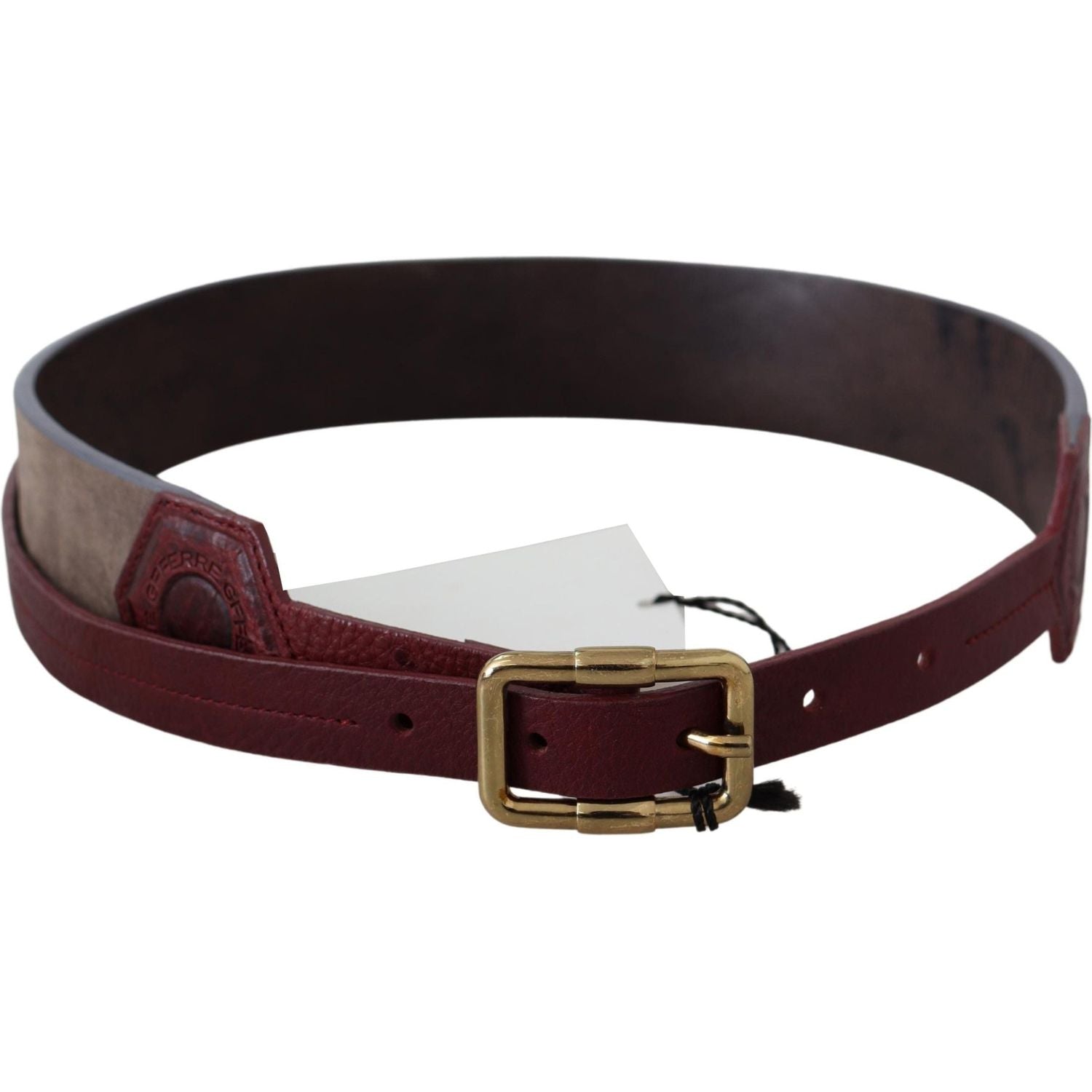 GF Ferre Brown Leather Wide Gold Chrome Logo Buckle Belt
