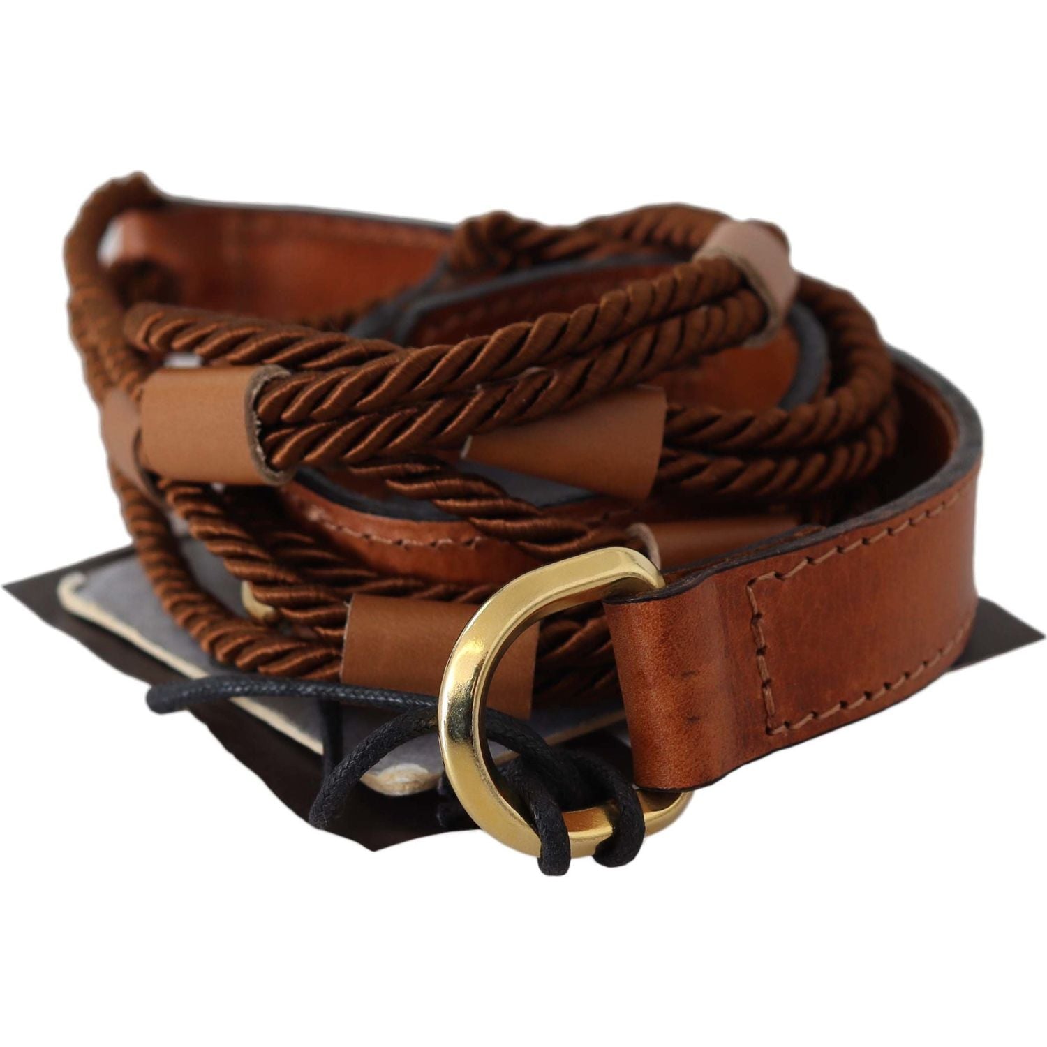 Scervino Street Brown Leather Braided Rope Gold Buckle  Belt