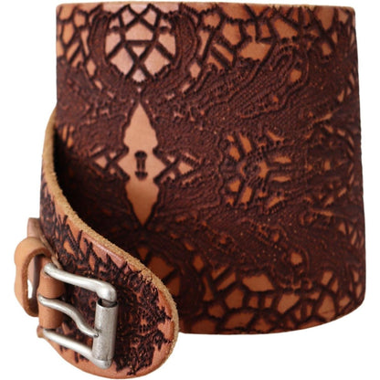 Scervino Street Brown Wide Leather Embroidered Design Logo Belt
