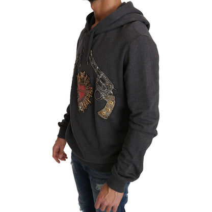 Dolce & Gabbana Gray Hooded Red Crystal Heart Gun Sweater