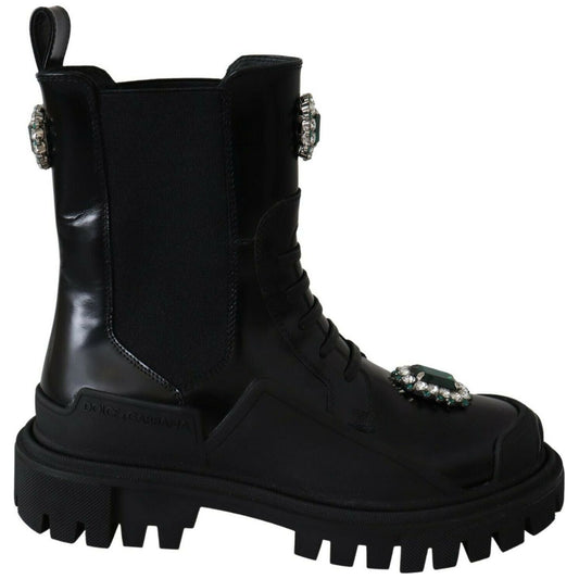 Dolce & Gabbana Elegant Black Leather Combat Boots with Crystal Detail Dolce & Gabbana