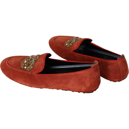 Dolce & Gabbana Orange Leather Crystal Crown Loafers Shoes Dolce & Gabbana