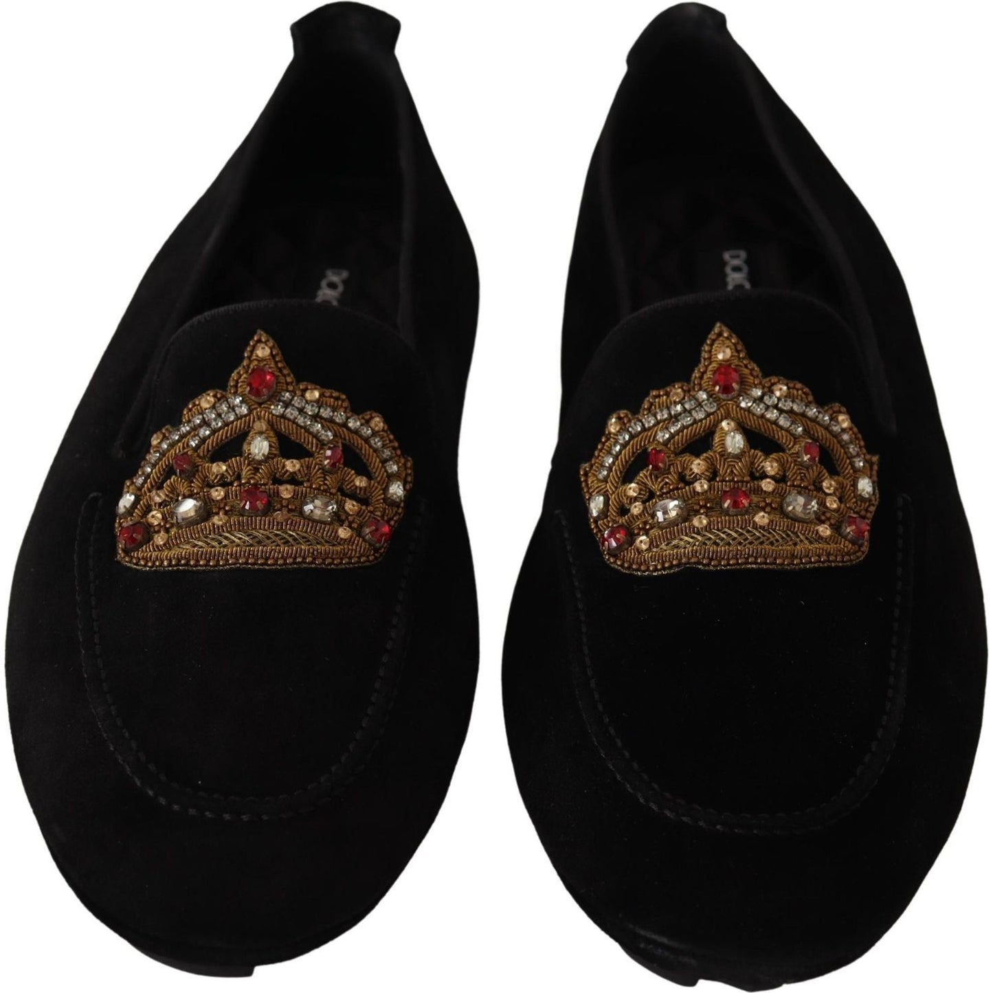 Dolce & Gabbana Elegant Black Leather Loafer Slides with Gold Embroidery Dolce & Gabbana