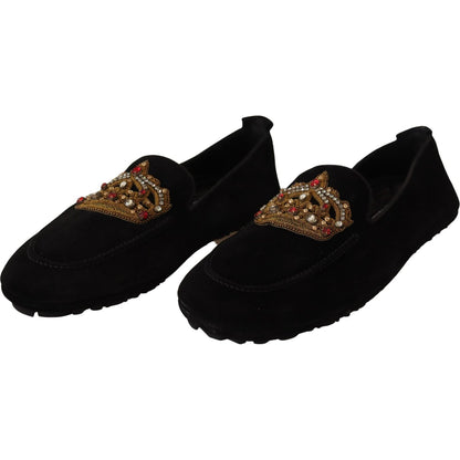 Dolce & Gabbana Black Leather Crystal Gold Crown Loafers Shoes Dolce & Gabbana