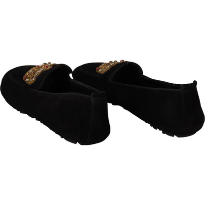 Dolce & Gabbana Black Leather Crystal Gold Crown Loafers Shoes Dolce & Gabbana