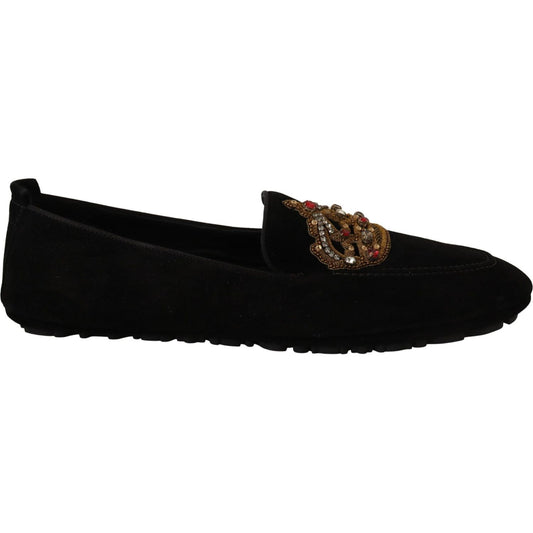 Dolce & Gabbana Black Leather Crystal Gold Crown Loafers Shoes Dolce & Gabbana