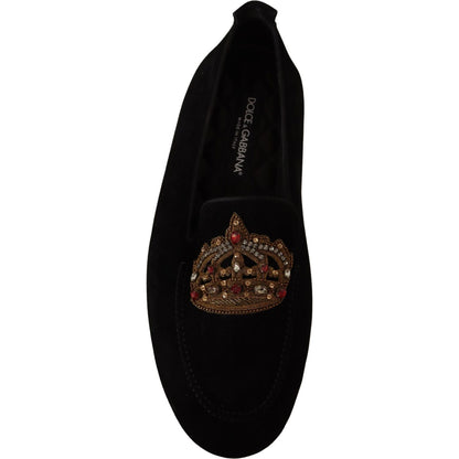 Dolce & Gabbana Black Leather Crystal Gold Crown Loafers Shoes Dolce & Gabbana