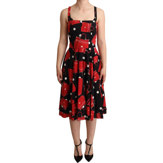 Dolce & Gabbana Black Red Bag Print A-line Mid Length Dress