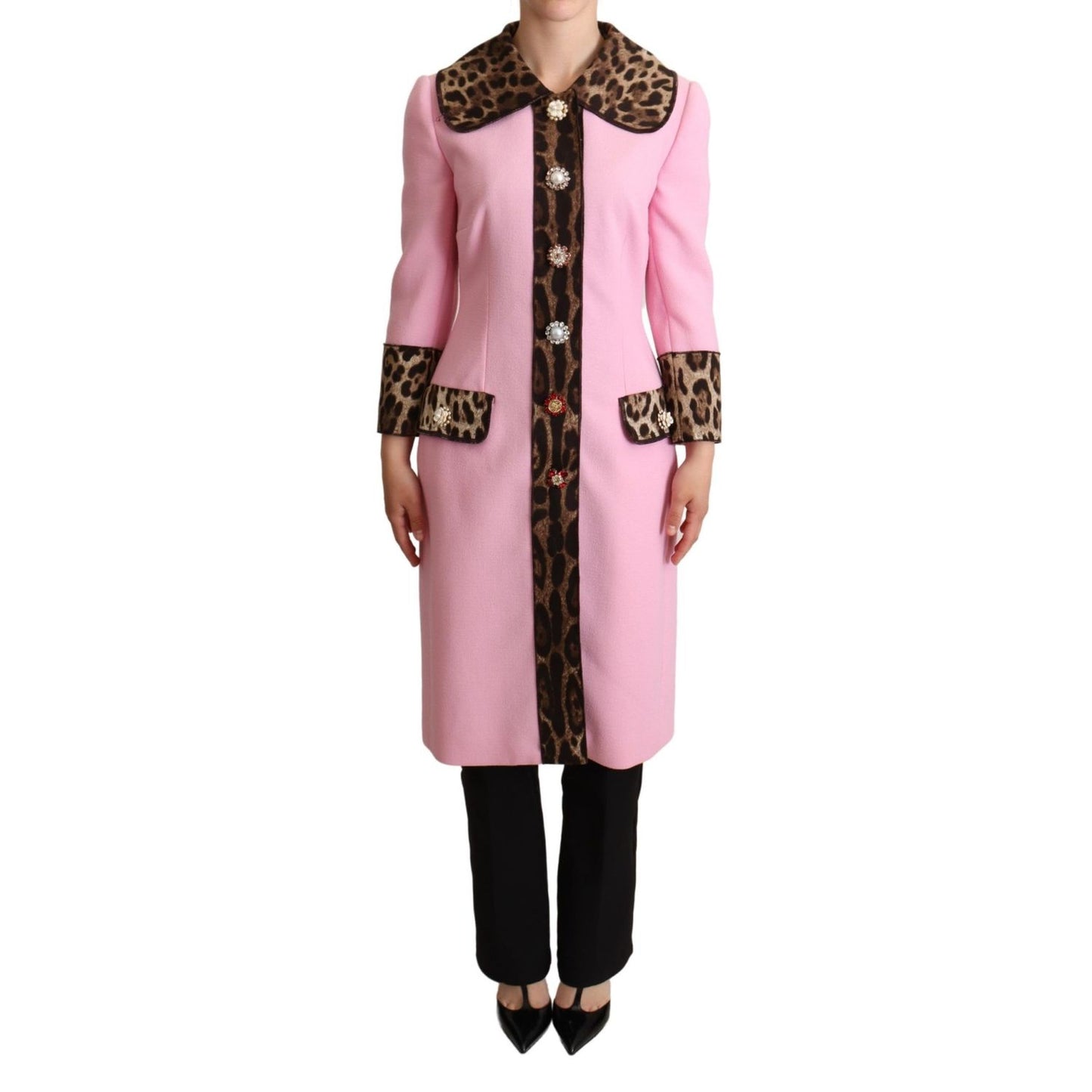 Dolce & Gabbana Pink Leopard Wool Trenchcoat Jacket