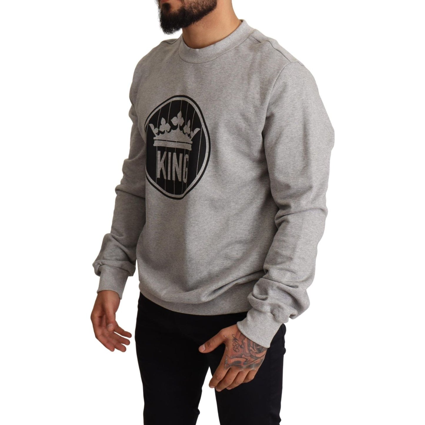 Dolce & Gabbana Gray Crown King Print Cotton Sweater