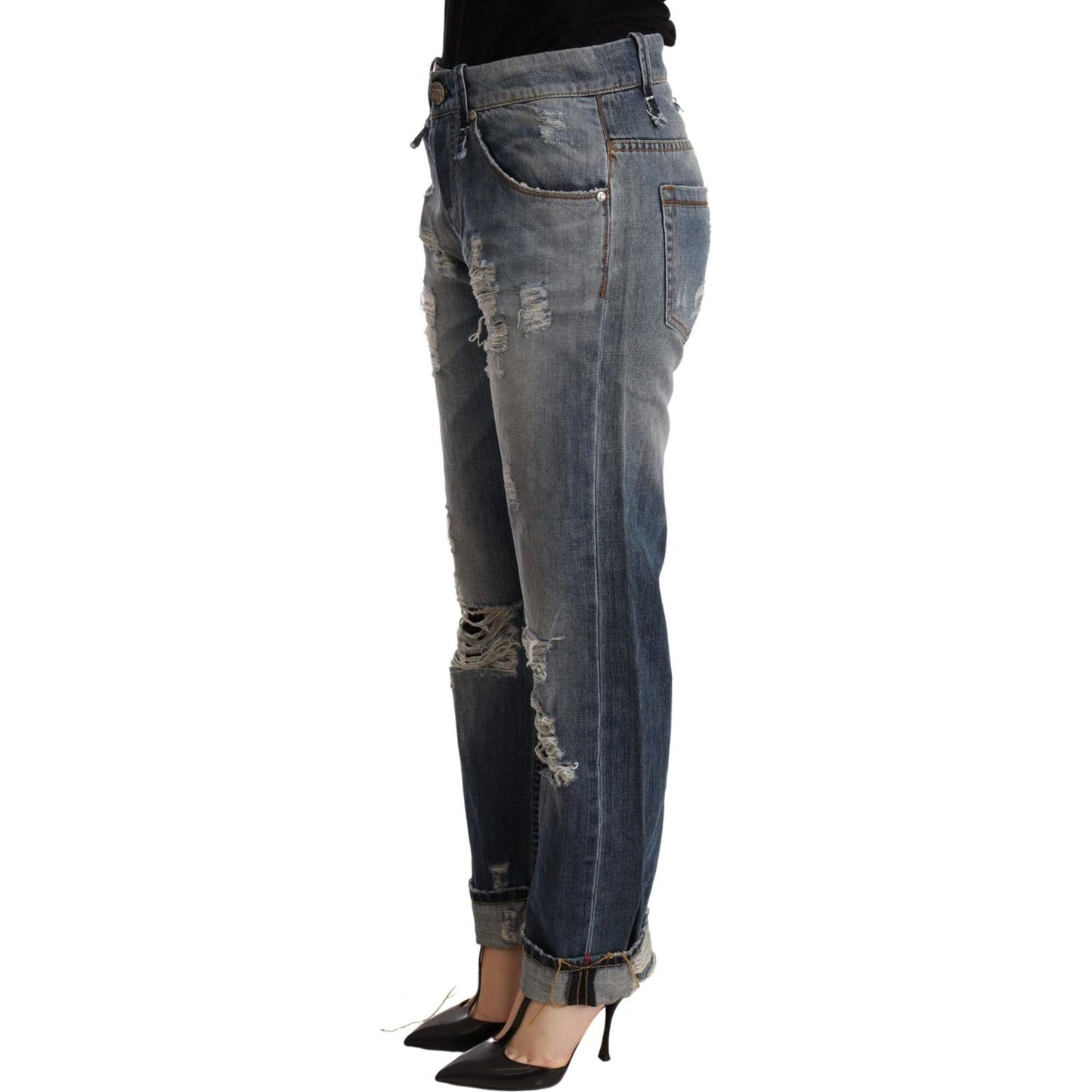 Acht Blue Tattered Mid Waist Straight Denim Trouser Acht