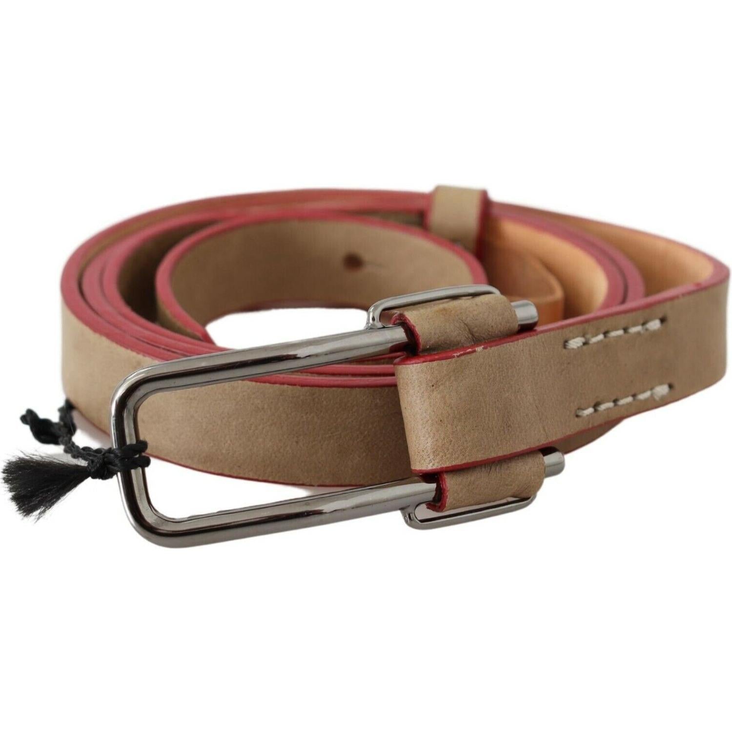 Costume National Beige Leather Silver Logo Buckle Waist Belt