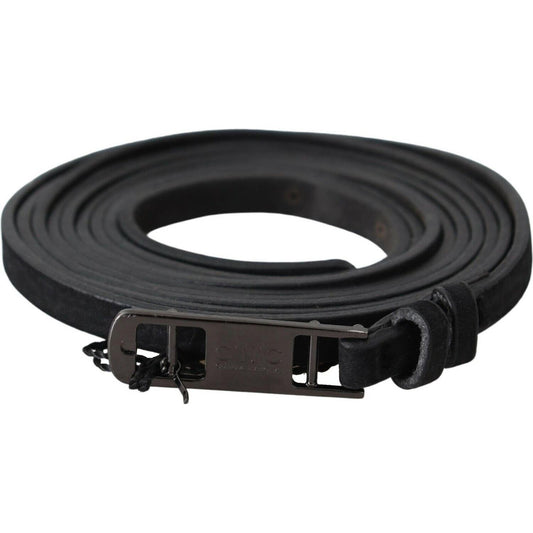 Costume National Black Leather Skinny Logo Buckle Belt Costume National