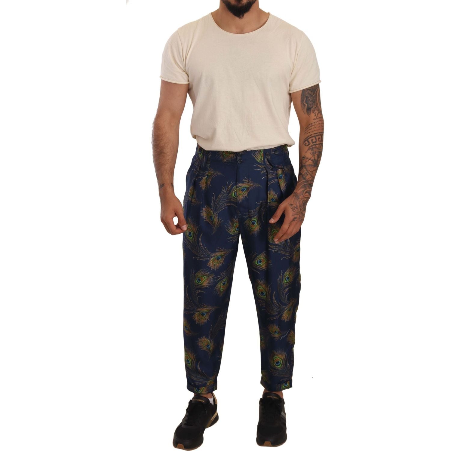 Dolce & Gabbana Blue Peacock Print Tapered Trousers Silk Pants