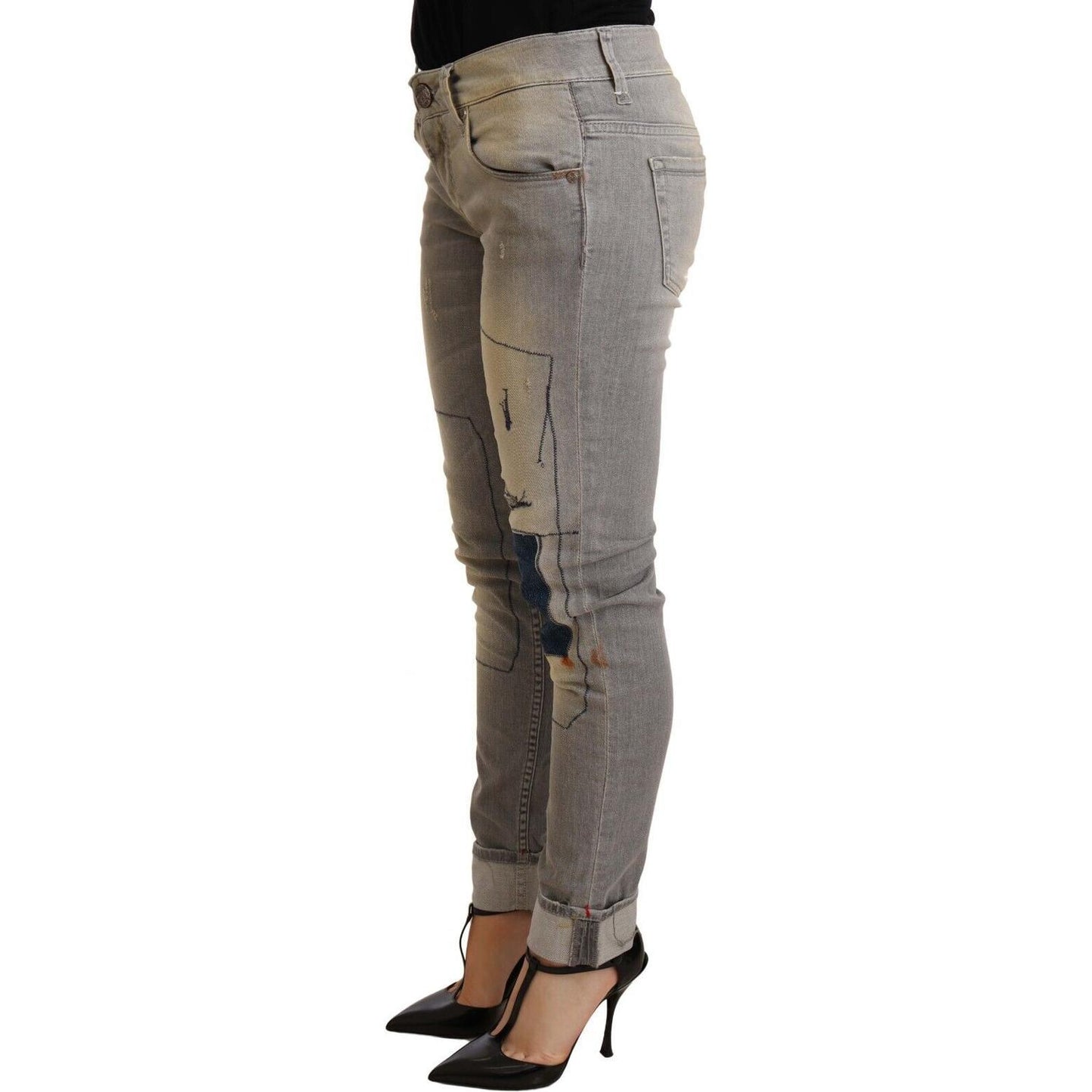 Acht Gray Cotton Slim Fit Folded Hem Women Denim Pant Acht