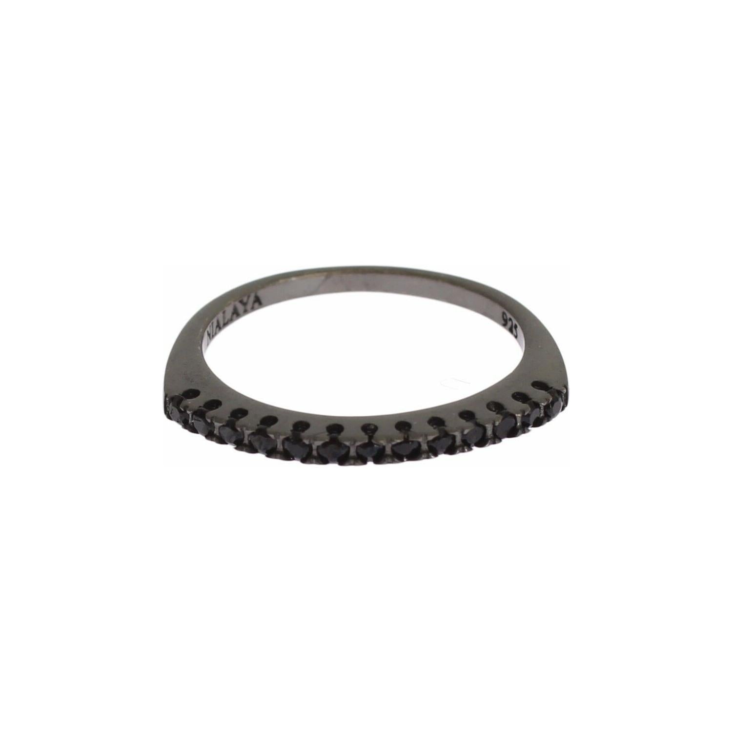 Nialaya Black CZ Rhodium 925 Silver Womens Ring