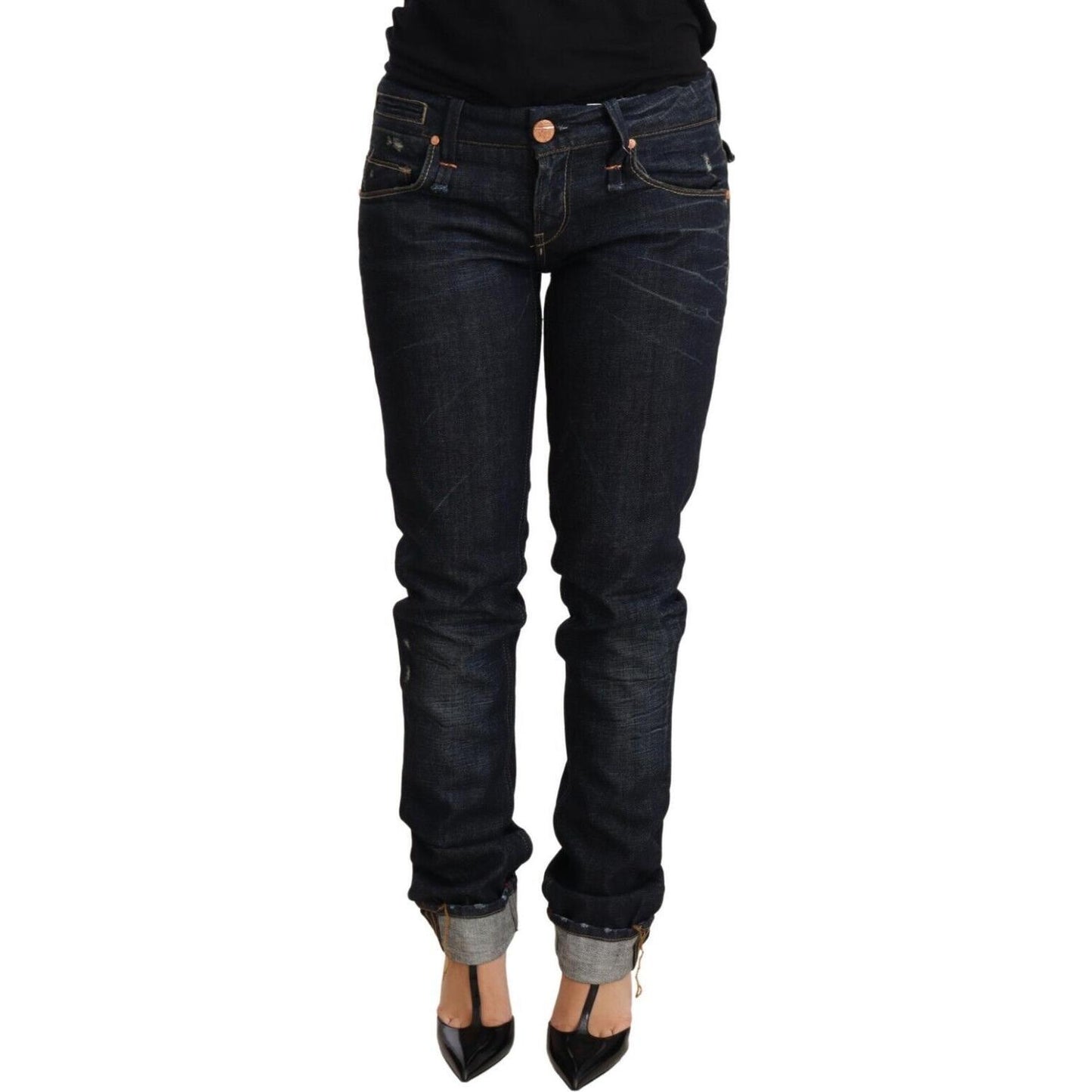 Acht Dark Blue Cotton Slim Fit Folded Hem Women Denim Trouser Jeans Acht