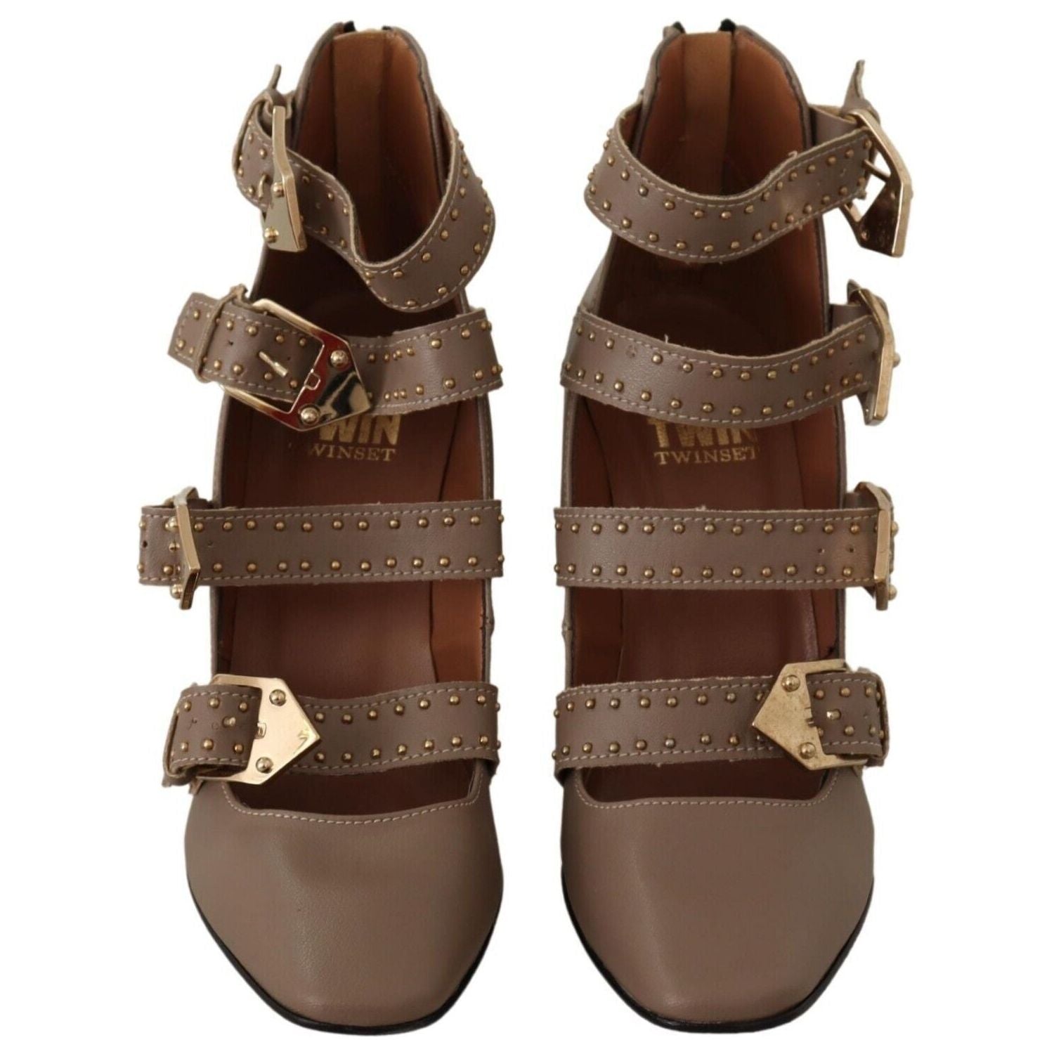 MY TWIN Brown Leather Block Heels Multi Buckle Pumps Shoes