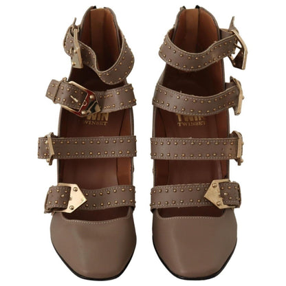 MY TWIN Brown Leather Block Heels Multi Buckle Pumps Shoes