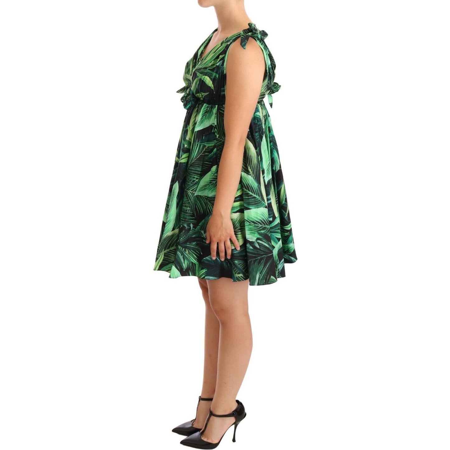 Dolce & Gabbana Elegant Flared Mini A-Line Dress in Green Leaf Print Dolce & Gabbana