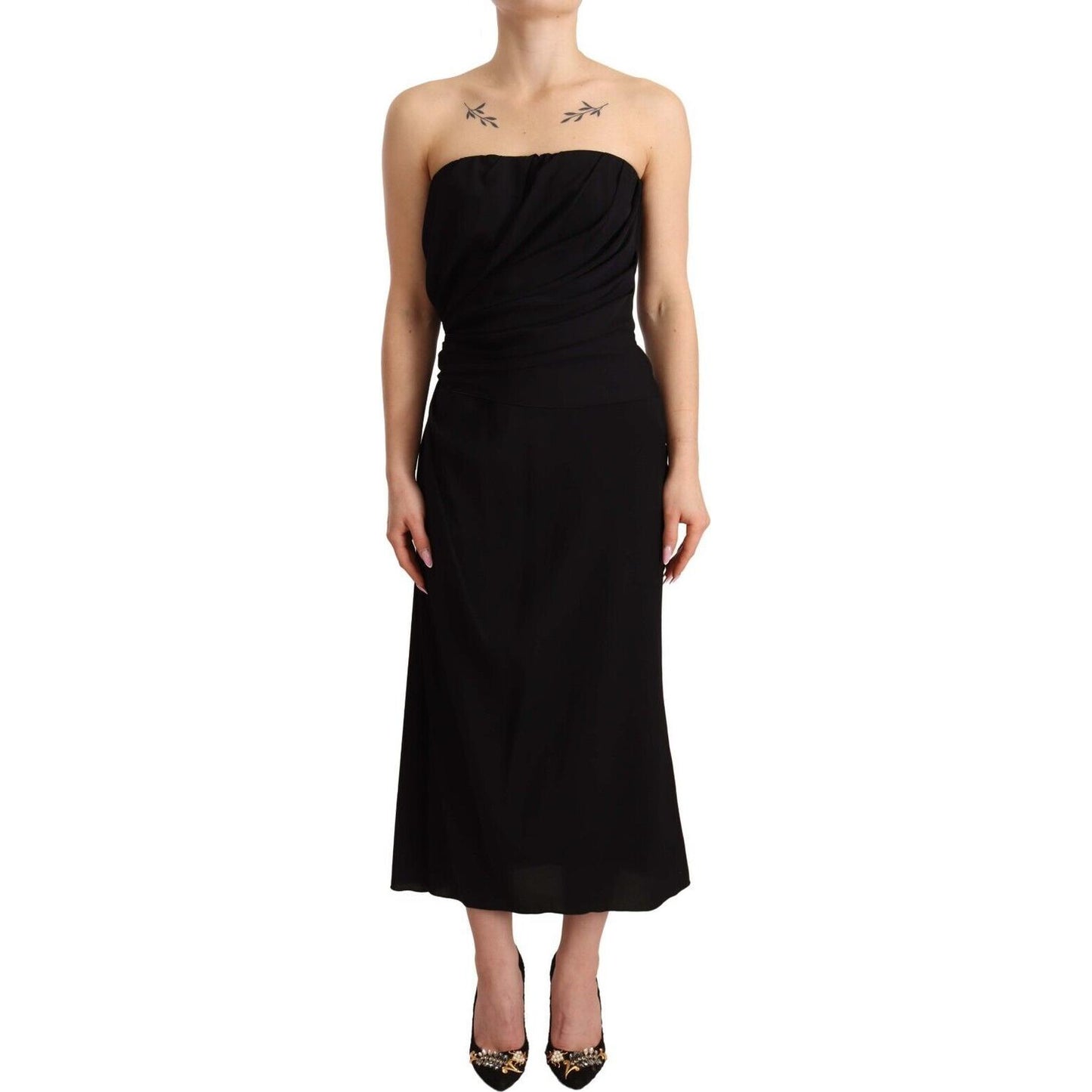 Dolce & Gabbana Black Silk Stretch Strapless Sheath Midi Dress
