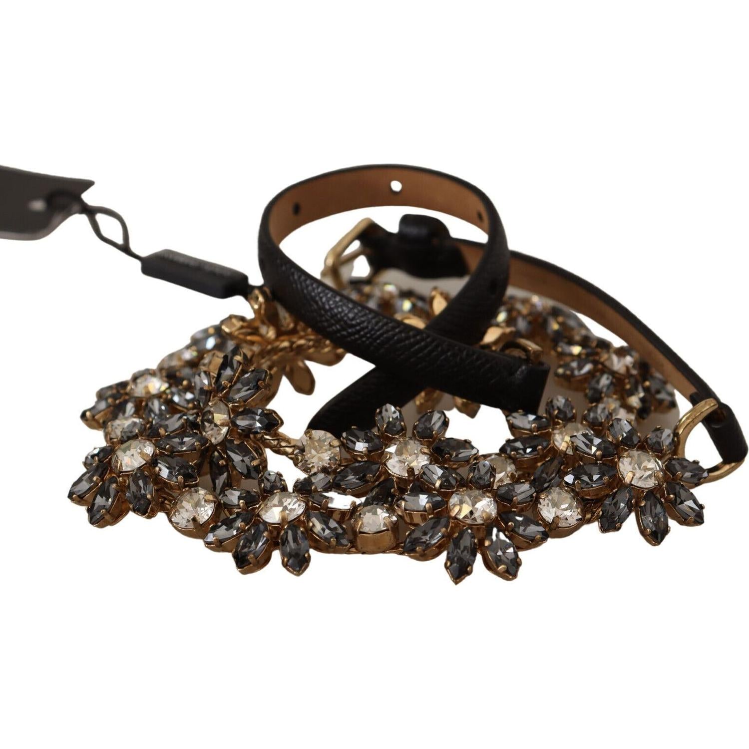Dolce & Gabbana Black Daisy Crystal Dauphine Texture Belt