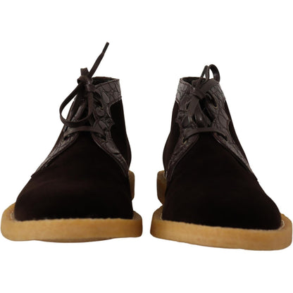 Dolce & Gabbana Brown Velvet Exotic Leather Boots Dolce & Gabbana
