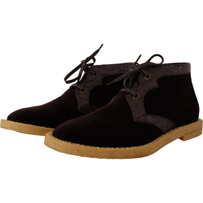 Dolce & Gabbana Brown Velvet Exotic Leather Boots Dolce & Gabbana