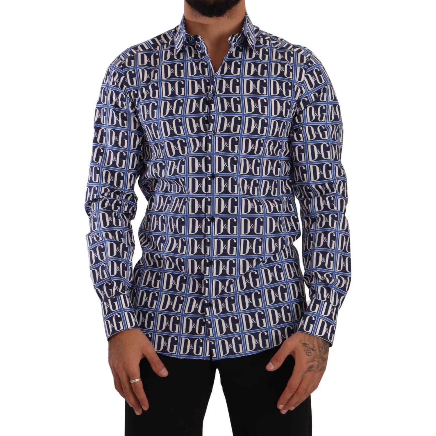قميص Dolce &amp; Gabbana Slim Fit من القطن بشعار أزرق