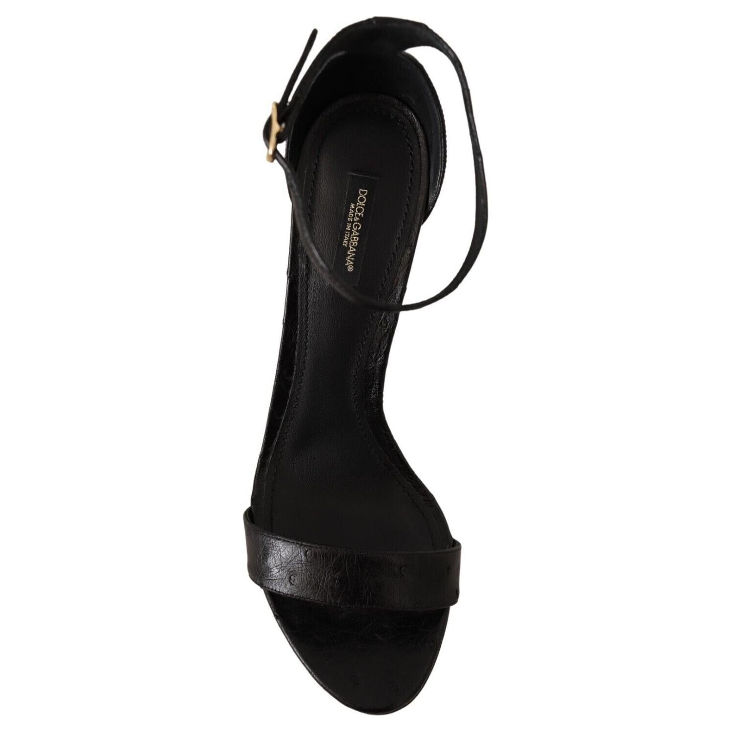 Dolce & Gabbana Black Ostrich Ankle Strap Heels Sandals Shoes