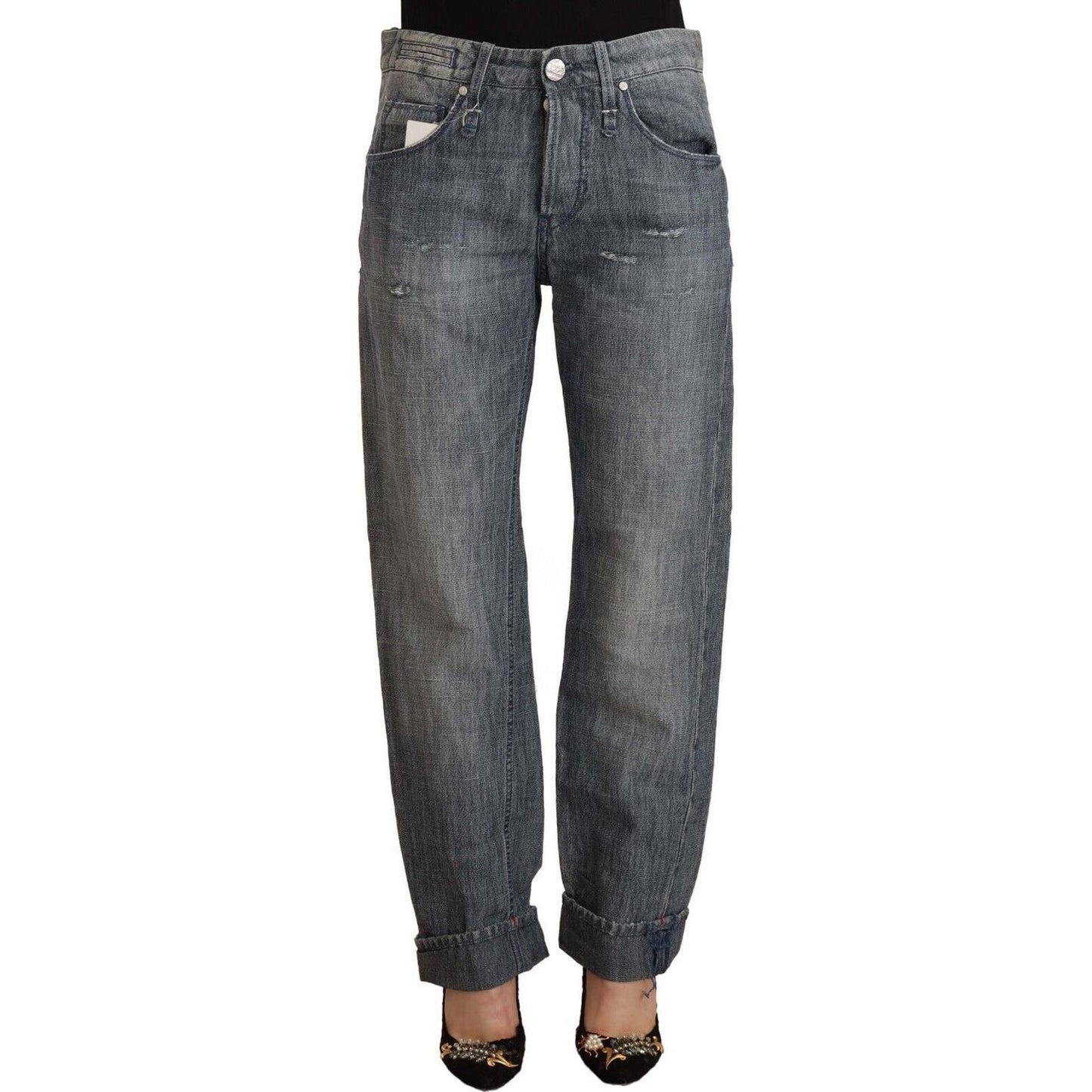 Acht Gray Washed Mid Waist Straight Denim Folded Hem Jeans